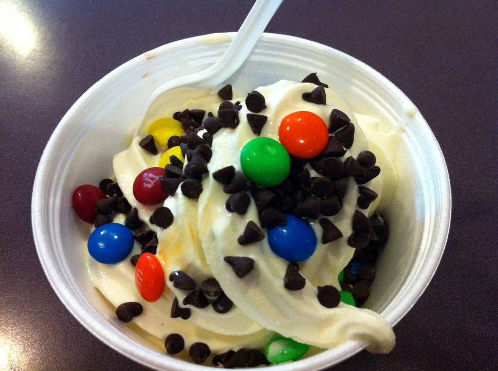 Dutch chocolate and country vanilla swirled with tiny chocolate chips and m&ms. Delish.